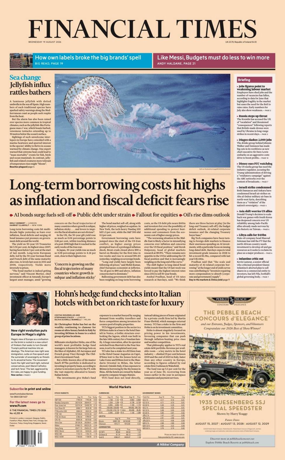 The headline on the front page of the Financial Times reads: "Long-term borrowing costs hit highs as inflation and fiscal deficit fears rise."