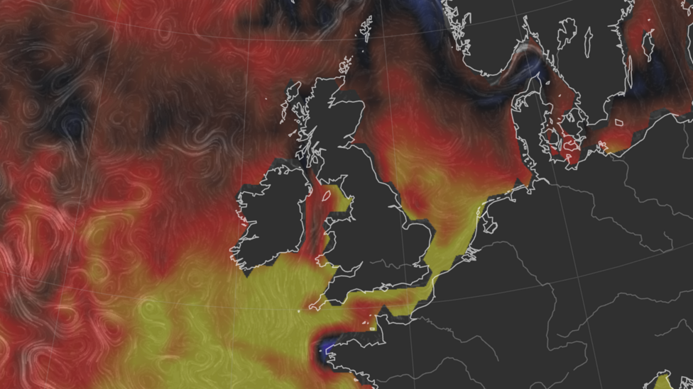 Map showing the UK and the sea surface temperature anomaly. Red colouring around northern areas indicate temperatures around 1 degree above average to yellow colours in southern areas showing 3 degrees above average.
