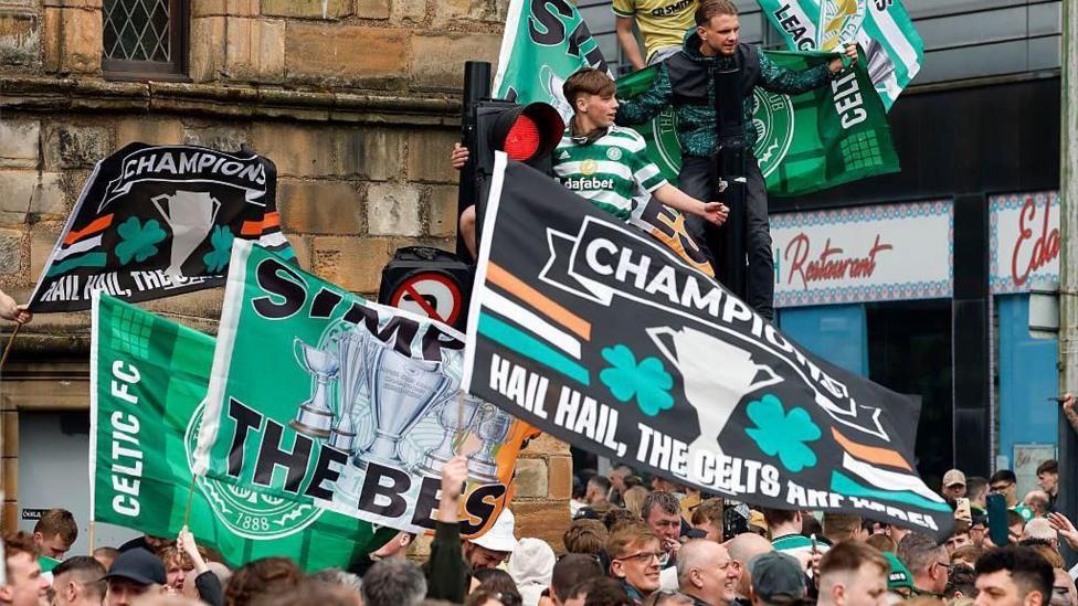 About 3,000 Celtic gathered in the Trongate area of Glasgow after Celtic clinched the title in May