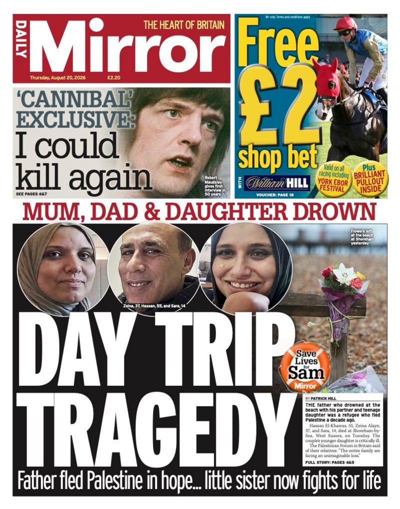 The headline on the front page of the Daily Mirror reads: "Day trip tragedy."