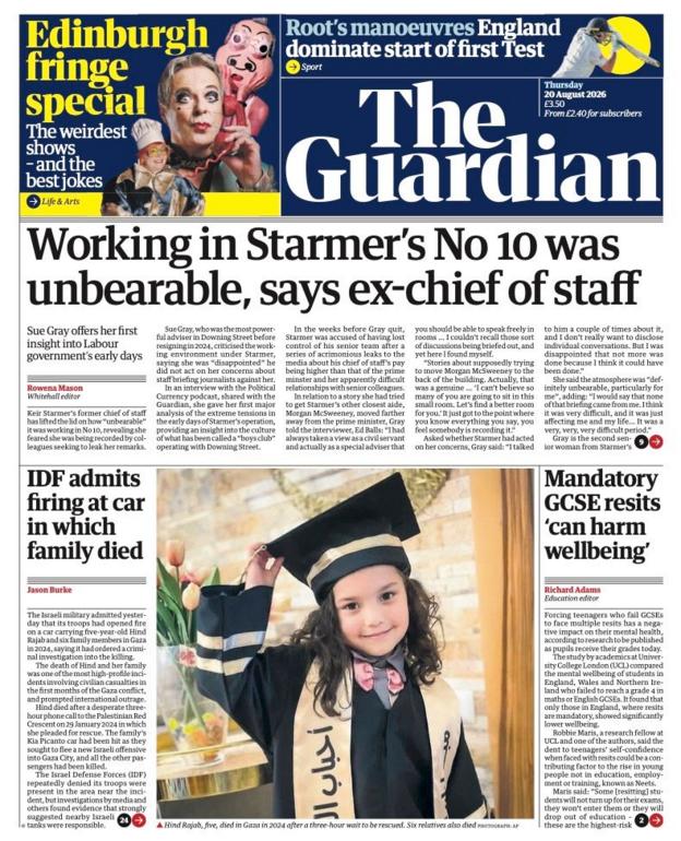 The headline on the front page of reads: "Working in Starmer's No 10 was unbearable, says ex-chief of staff."