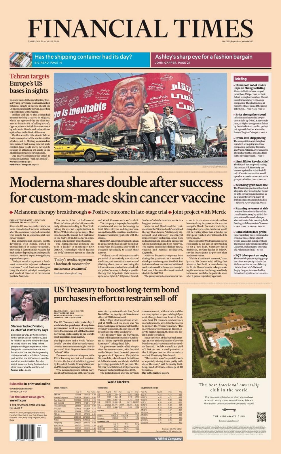 The headline on the front page of the Financial Times reads: "Moderna shares double after success for custom-made skin cancer vaccine."