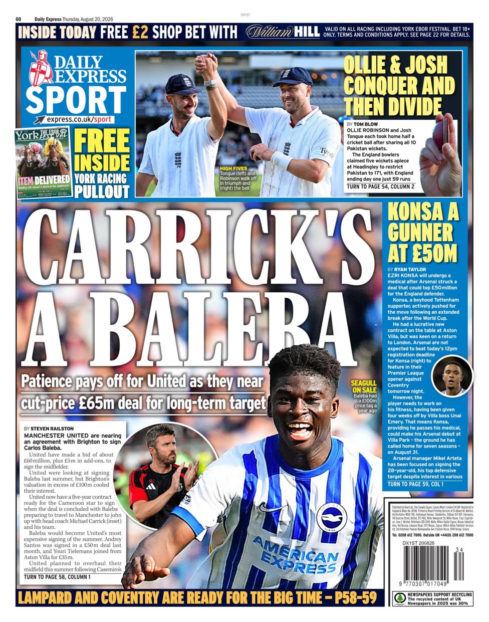 Back page of the Daily Express on 20 August 2026