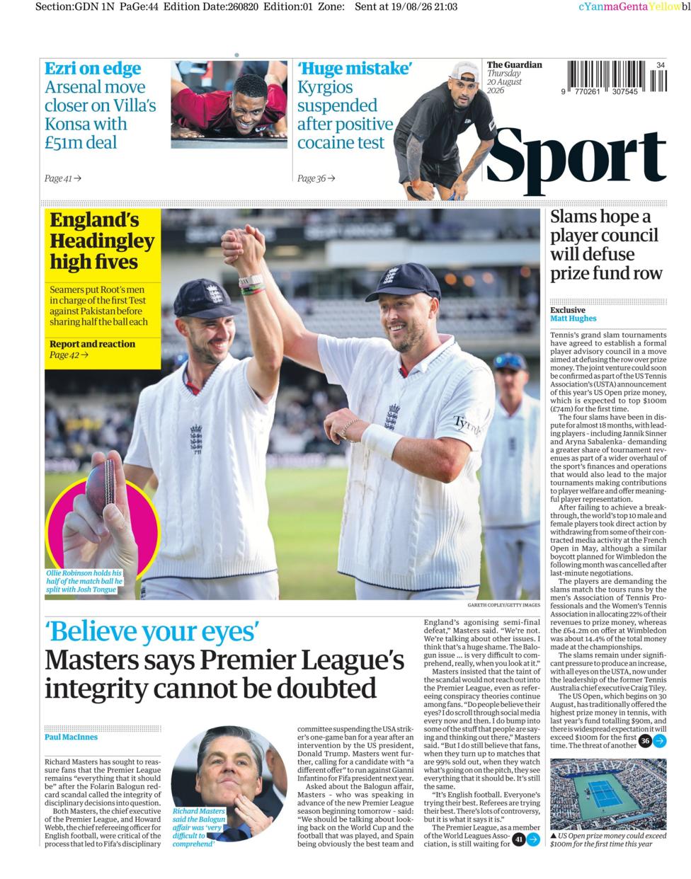 Lead sport page of on 20 August 2026