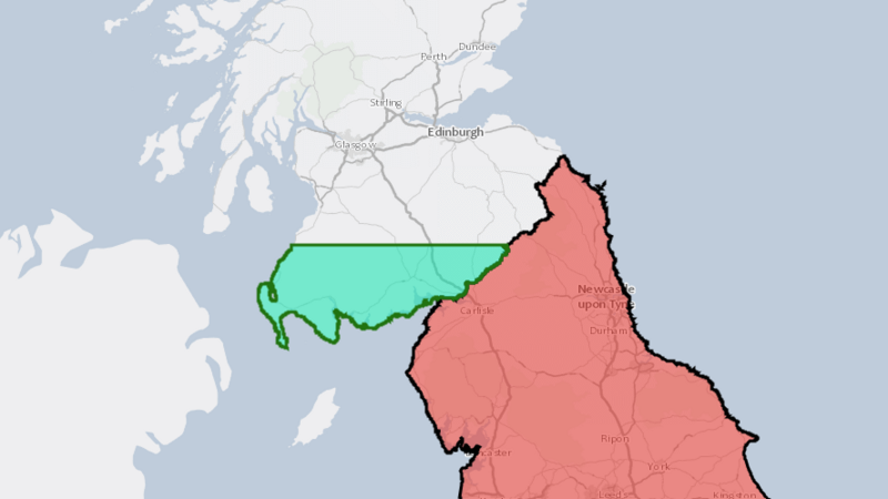 A map of the UK showing two different coloured zones either side of the Scotland-England border. England is shaded in red while an area of Dumfries and Galloway is shaded green.