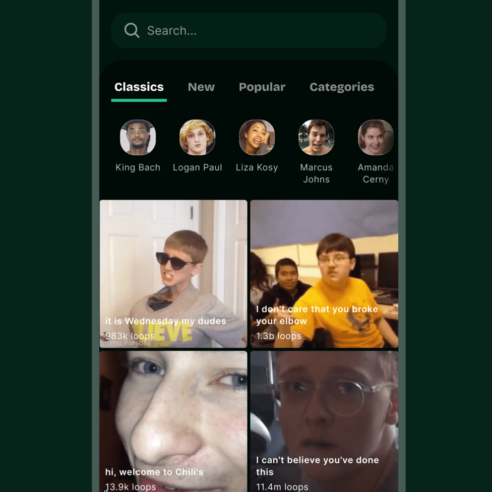 A mock-up of a phone with the Divine app showing classic Vines including "I can't believe you've done this" and "hi, welcome to Chili's".