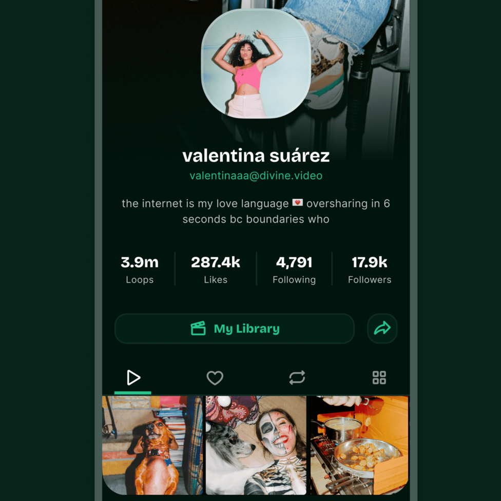 A mock up of the Divine app showing a profile of a woman called Valentina Suarez, her profile picture is above her name and she has her arms up and is wearing a pink top and shorts. Below are videos she has uploaded including her dog. and her in a Halloween skeleton outfit.