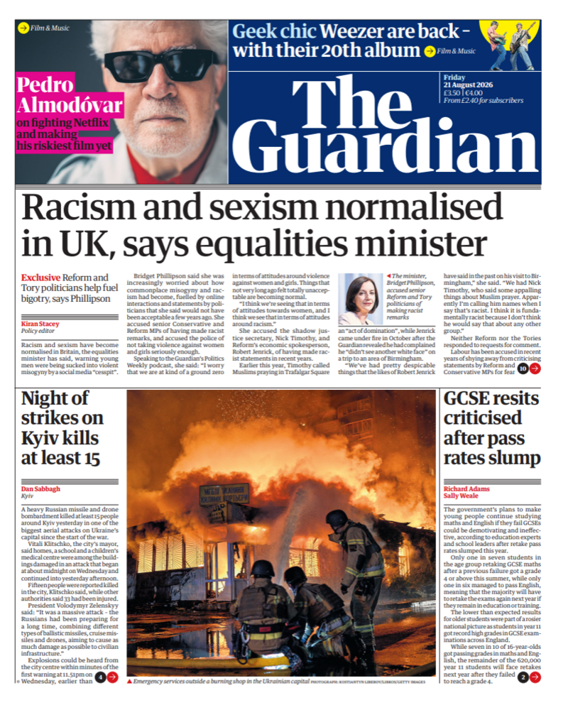 The headline on the front page of reads: "Racism and sexism normalised in UK, says equalities minister."