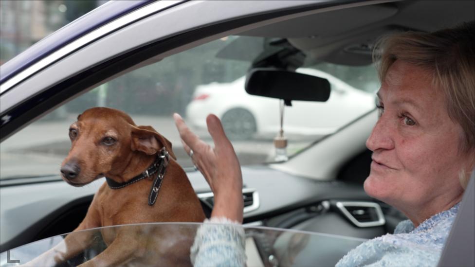 A small brown dog with a black collar peers out of a car window. It's sat on her owner's lap. Lyubov, the driver and dog owner, is wearing a blue jumper and gesturing out of the open window to the camera.