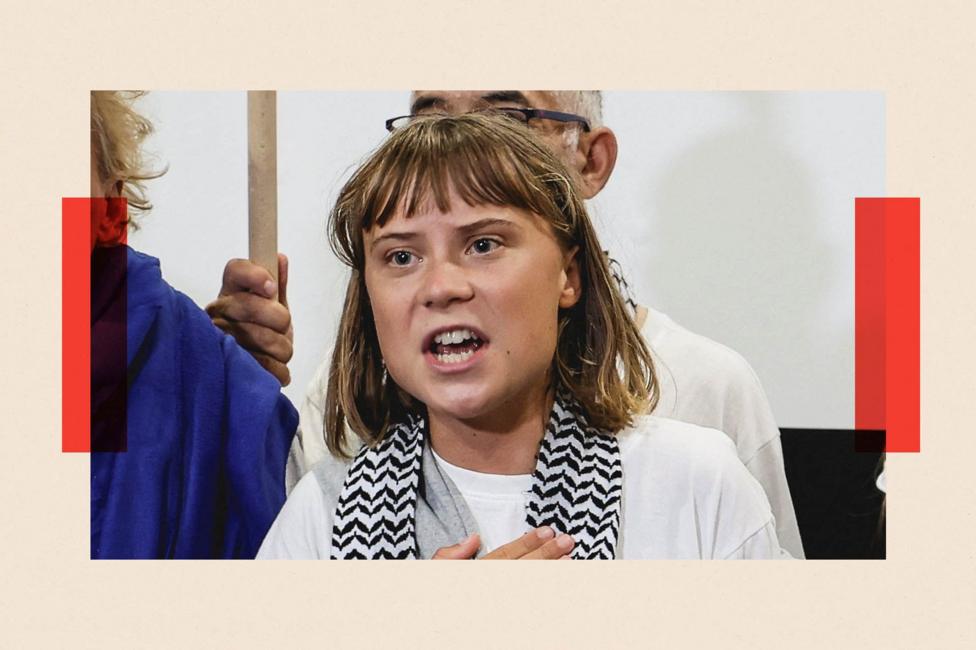 Greta Thunberg wearing a white t-shirt and patterned scarf. She is photographed while talking