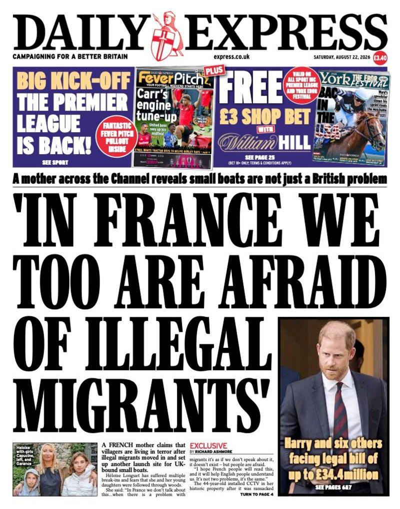 "In France we too are afraid of illegal migrants" reads the headline on the front page of the Daily Express.