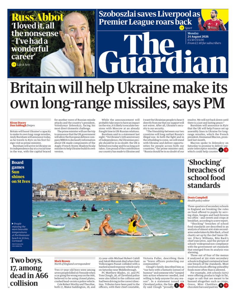 The headline on the front page of reads: “Britain will help Ukraine make its own long-range missiles, says PM”.