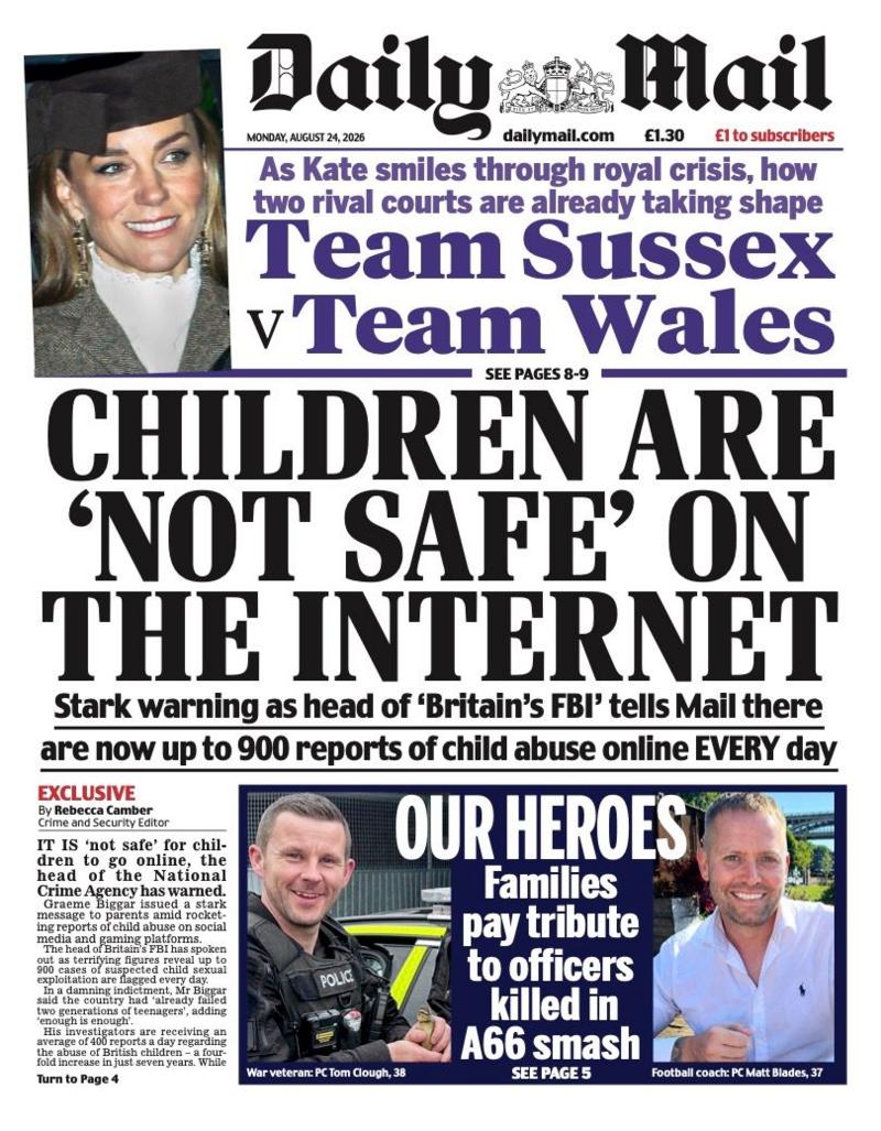 The headline on the front page of the Daily Mail reads: “Children are 'not safe' on the internet”.