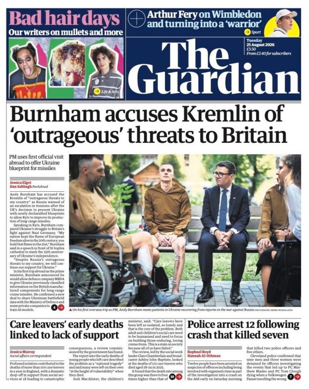 The headline on the front page of reads: “Burnham accuses Kremlin of 'outrageous' threats to Britain".
