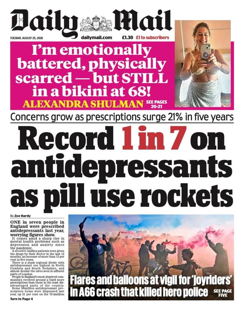 The headline on the front page of the Daily Mail reads: “Record 1 in 7 on antidepressants as pill use rockets".