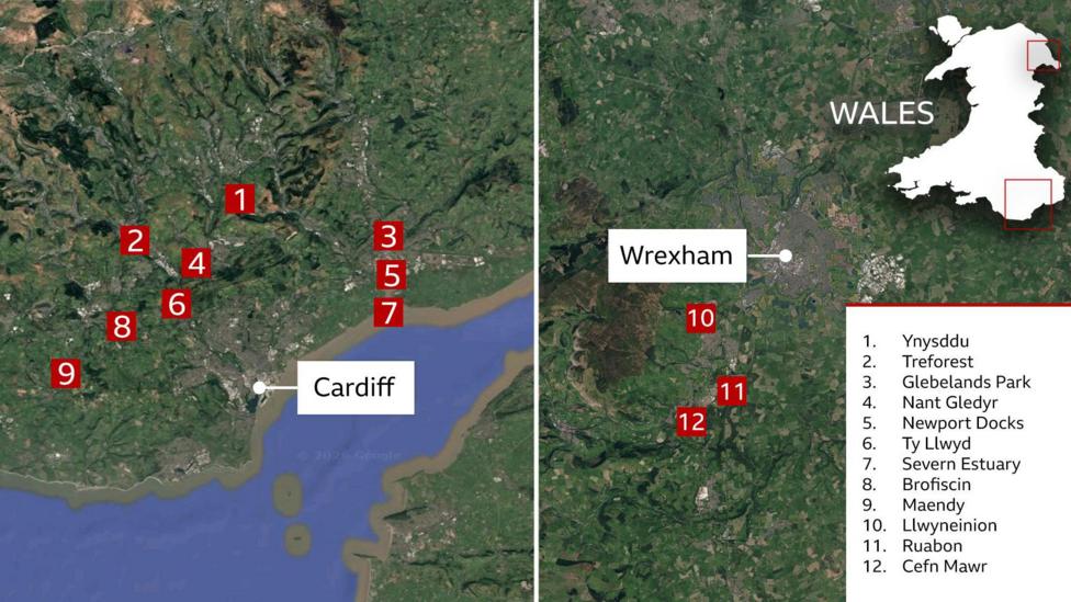 The graphic consists of two aerial satellite maps placed side by side. The larger southern map is labelled "Cardiff" and contains numbered red markers from 1 to 9 spread across the South Wales Valleys, Newport area and the Severn Estuary. The northern map is labelled "Wrexham" and contains markers 10 to 12 south of the town. A legend on the right links each number to a location name: Ynysddu, Treforest, Glebelands Park, Nant Gledyr, Newport Docks, Ty Llwyd, Severn Estuary, Brofiscin, Maendy, Llwyneinion, Ruabon and Cefn Mawr. Above the legend, a white silhouette map of Wales uses red boxes to indicate the two regions displayed.