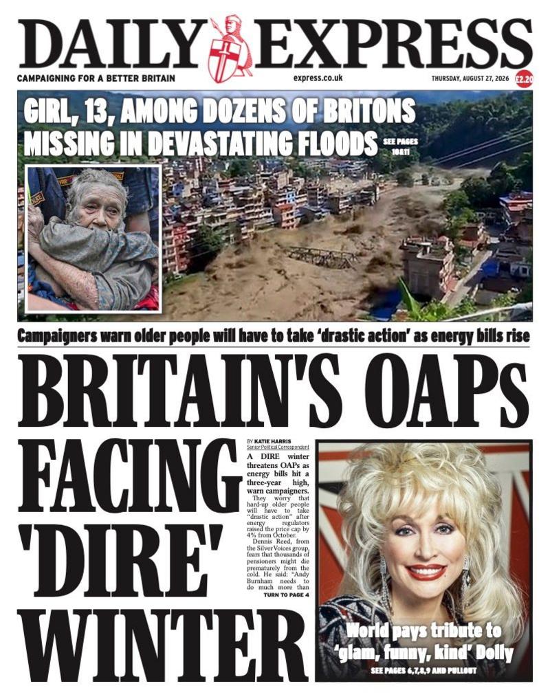 The headline on the front page of the reads: "Britain's OAPs facing 'dire' winter."