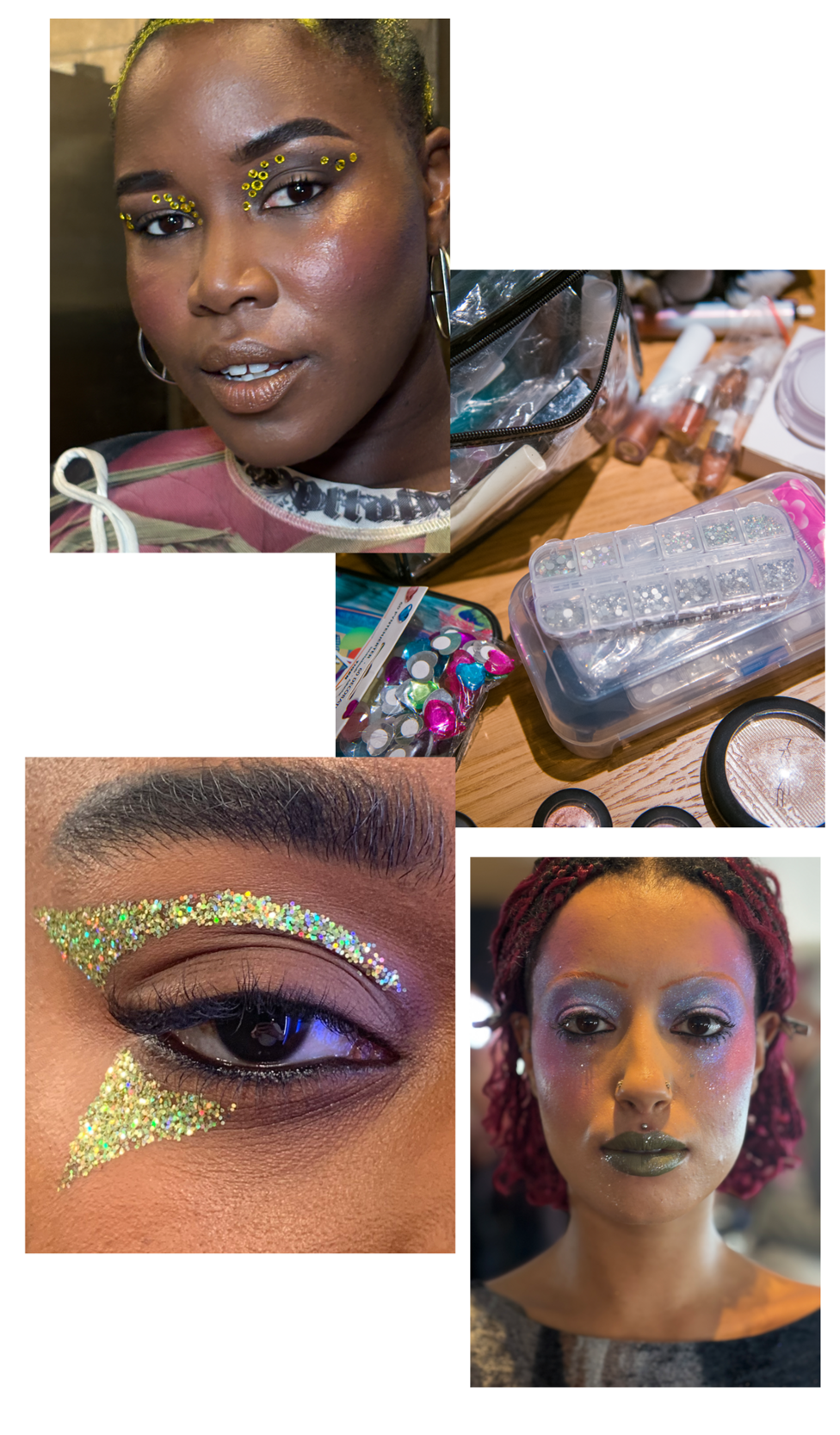 Samples from Dom Skinner's glitter and gem make-up work