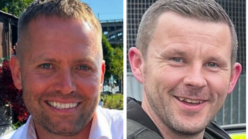 Pictures of the two officers. Both are smiling. PC Blades, left, has stubble and short fair hair. PC Clough also has stubble and short dark hair.