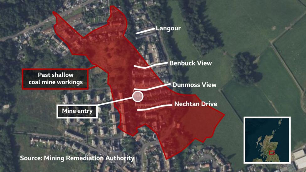 A map of the area showing the location of past shallow coal mine workings