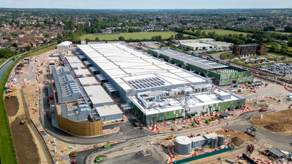 Aerial view of a large Google Data Centre being built in Cheshunt, Hertfordshire, UK on 31st May 2025. It looks like a large warehouse