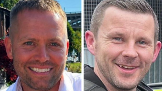 Pictures of the two officers. Both are smiling. PC Blades, left, has stubble and short fair hair. PC Clough also has stubble and short dark hair.