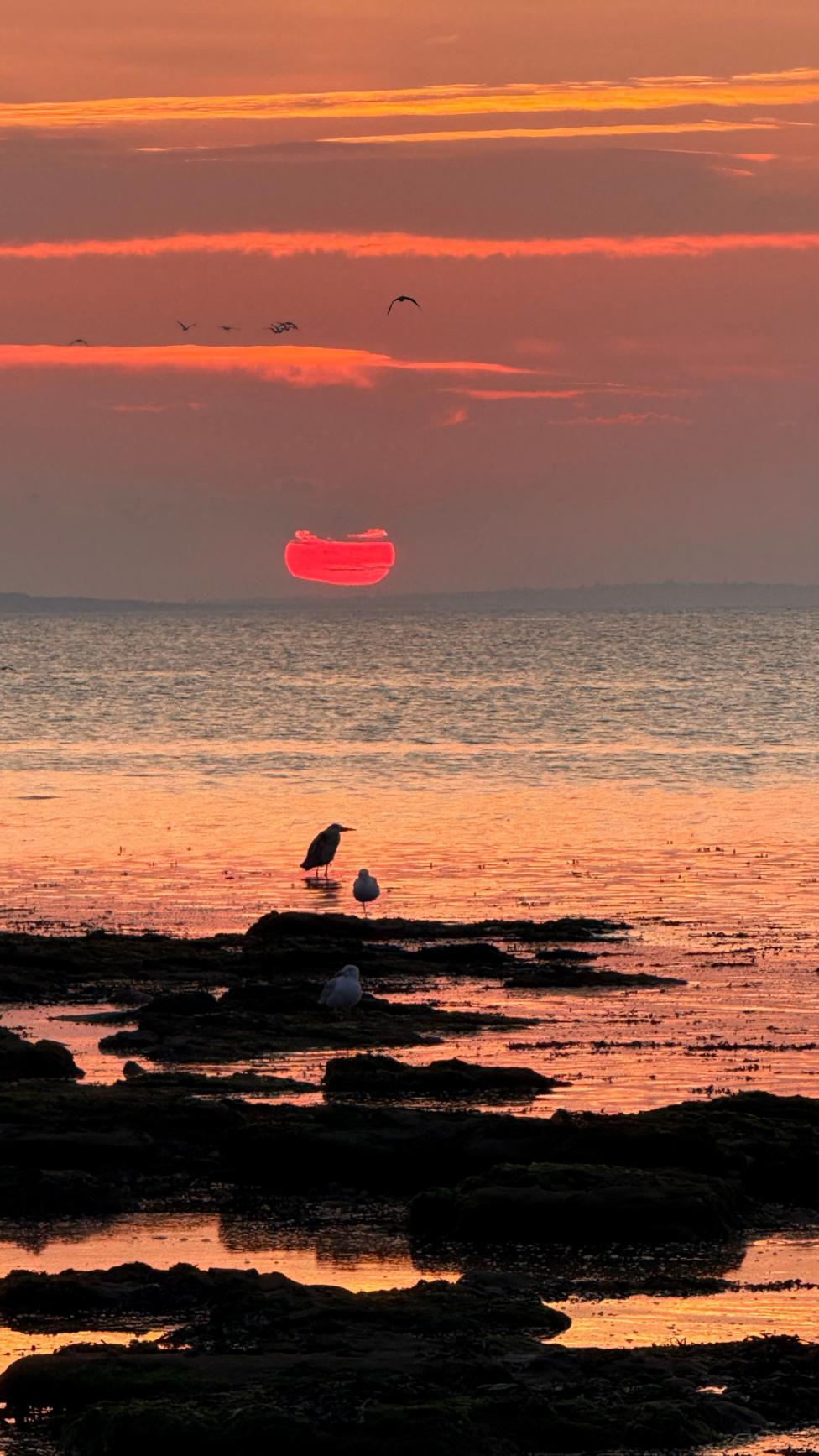 A vivid red sun sits low on the horizon at Portgordon, casting warm orange and pink tones across the sea and sky.