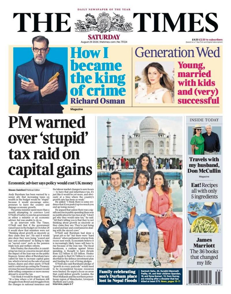 The headline on the front page of the Times reads: 'PM warned over "stupid" tax raid on capital gains.'