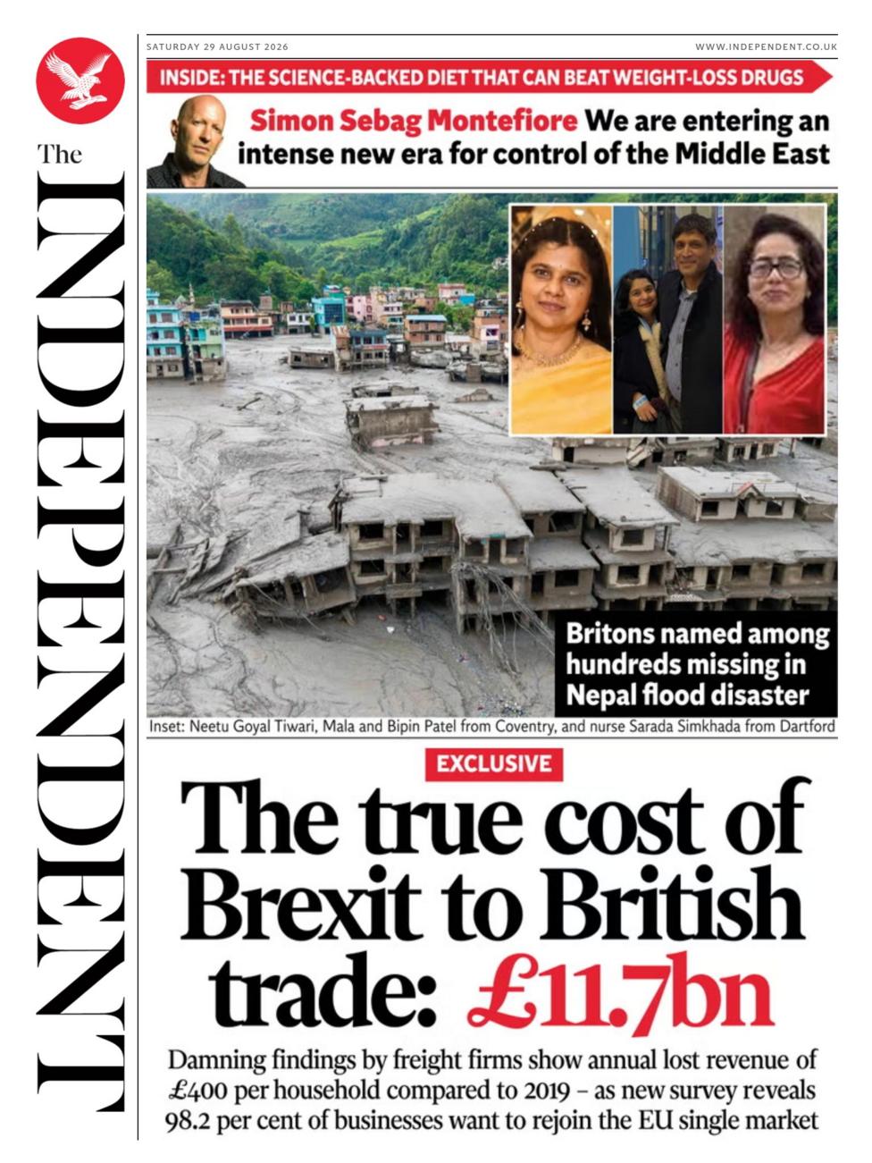 The headline on the front page of the Independent reads: 'The true cost of Brexit to British trade: £11.7bn.'
