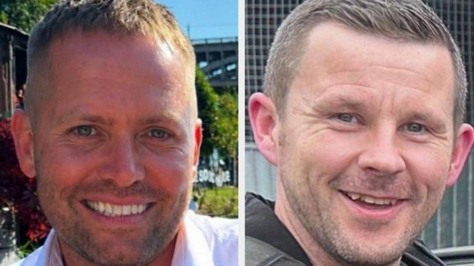 Pictures of the two officers. Both are smiling. PC Blades, left, has stubble and short fair hair. PC Clough also has stubble and short dark hair.