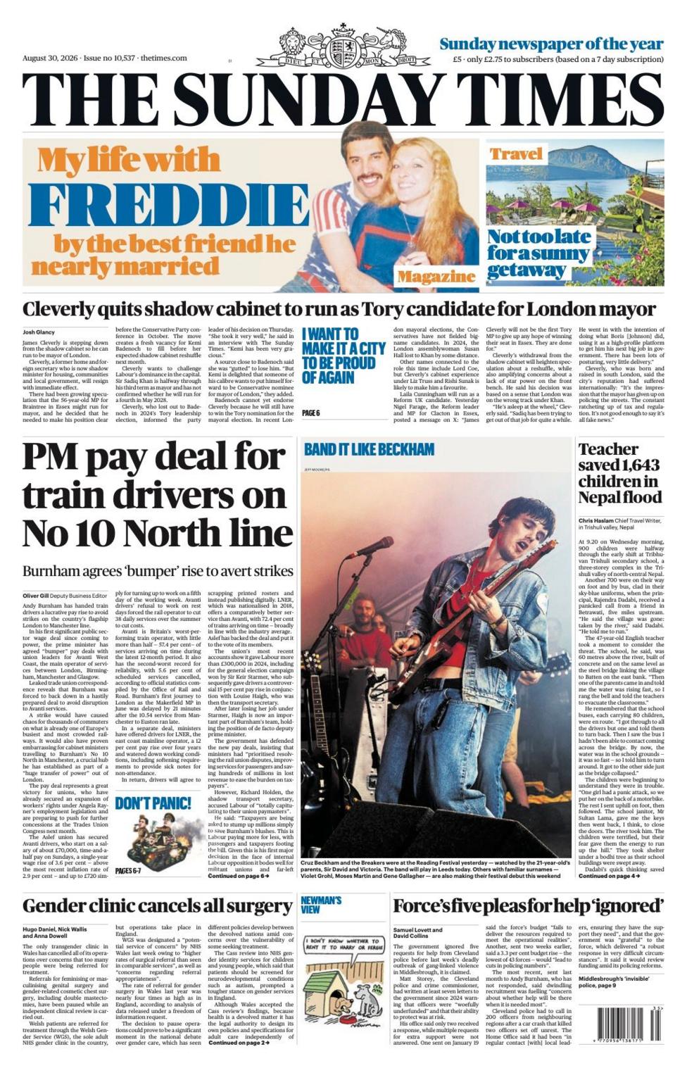The headline on the front page of the Sunday Times: 'PM pay deal for train drivers on No 10 North line.'