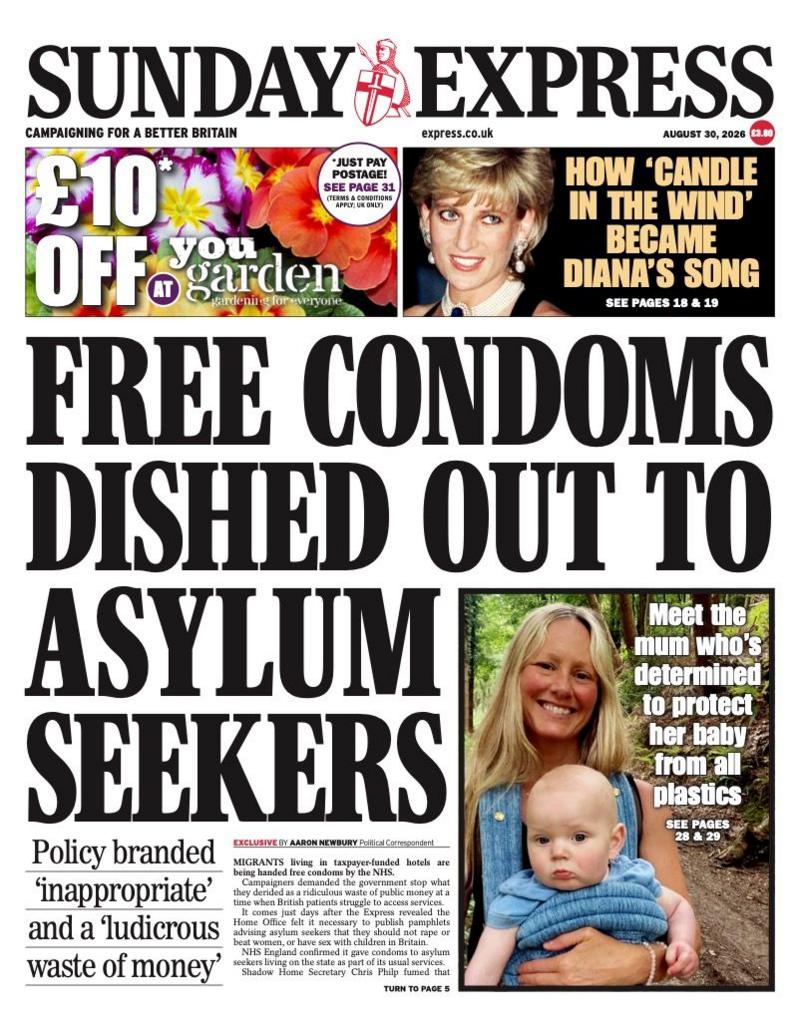 The headline on the front page of the Sunday Express reads: 'Free condoms dished out to asylum seekers.'
