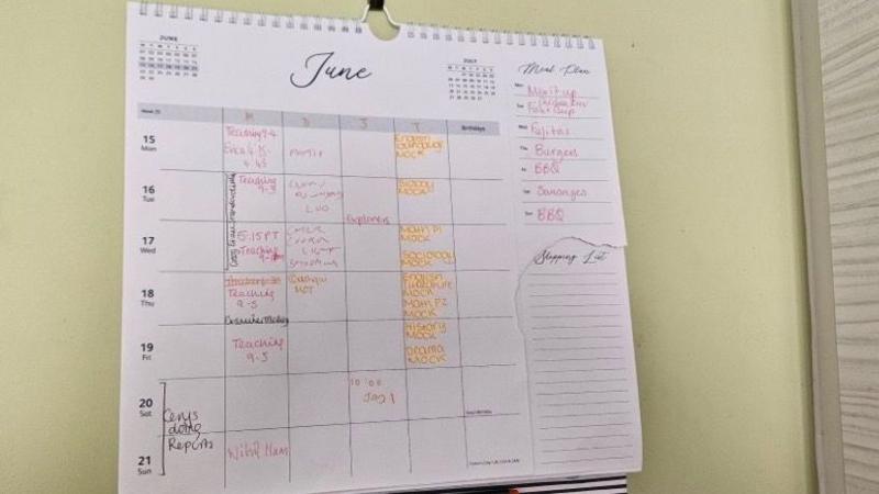 A white calendar hung up on a pale green wall, it has pink and orange and pink writing on marking out activities, exam prep and meal plans for a family. 