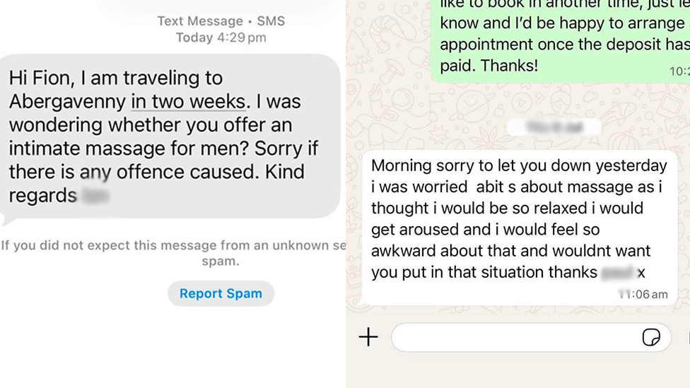 A composite image showing two close up screenshots of the inappropriate texts Ffion has been sent by men.
