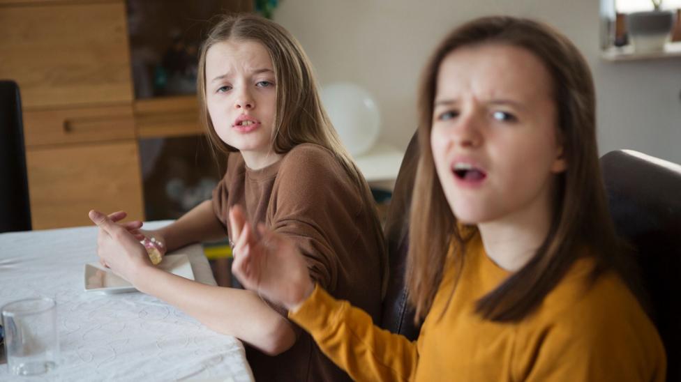 Two little girls arguing at the dinner table