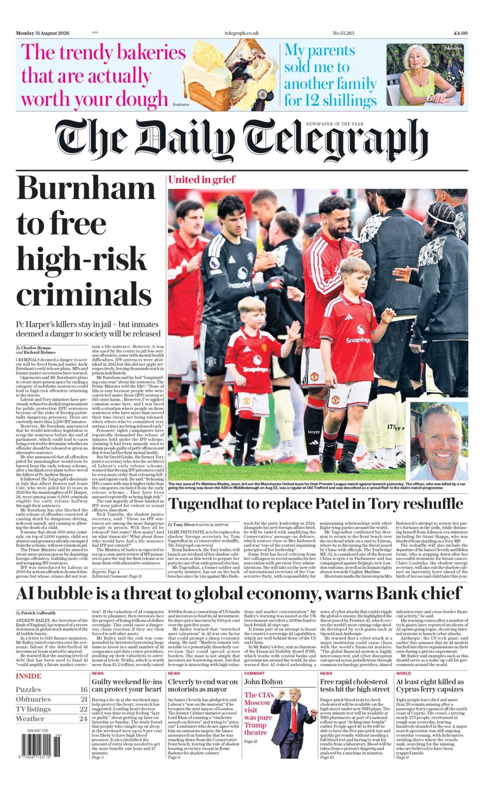 "Burnham to free high-risk criminals," reads the headline on the front page of the Daily Telegraph. 