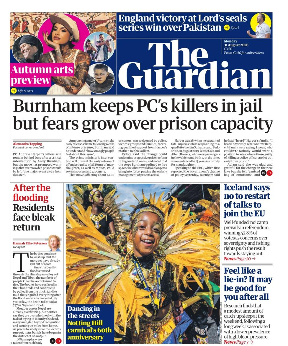 "Burnham keeps PC's killers in jail but fears grow over prison capacity," reads the headline on the front page of .