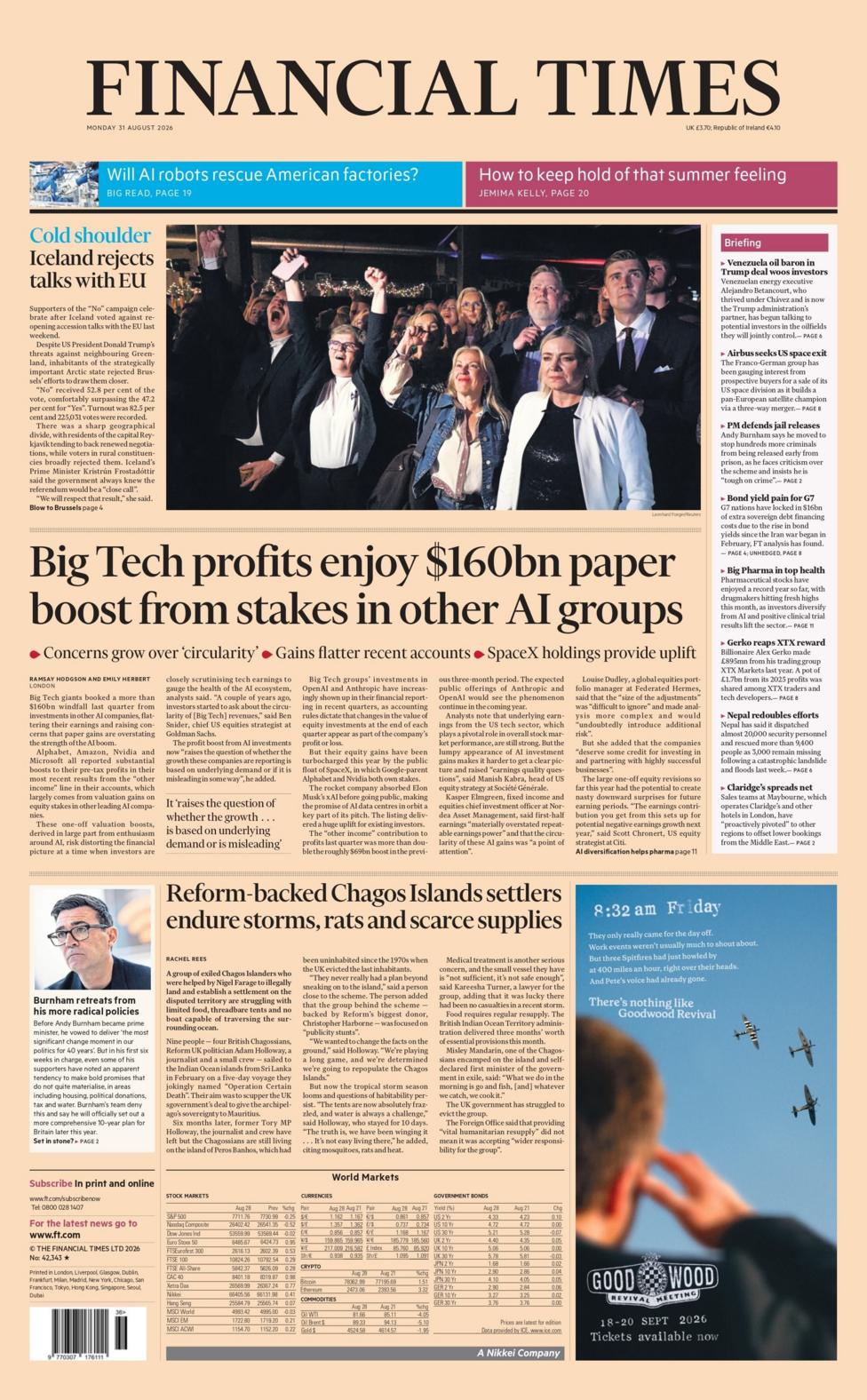 "Big Tech profits enjoy $160bn paper boost from stakes in other AI groups," reads the headline on the front page of the Financial Times.