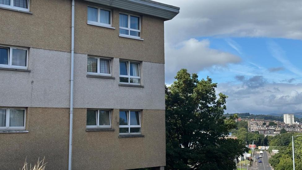 Grey concrete housing overlooking trees and a view of Greenock