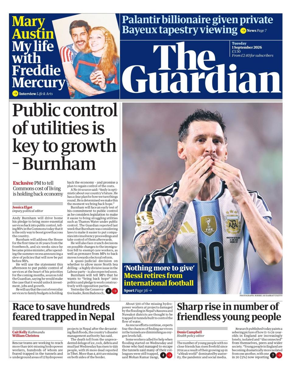 "Public control of utilities is key to growth – Burnham," reads the headline on the front page of .