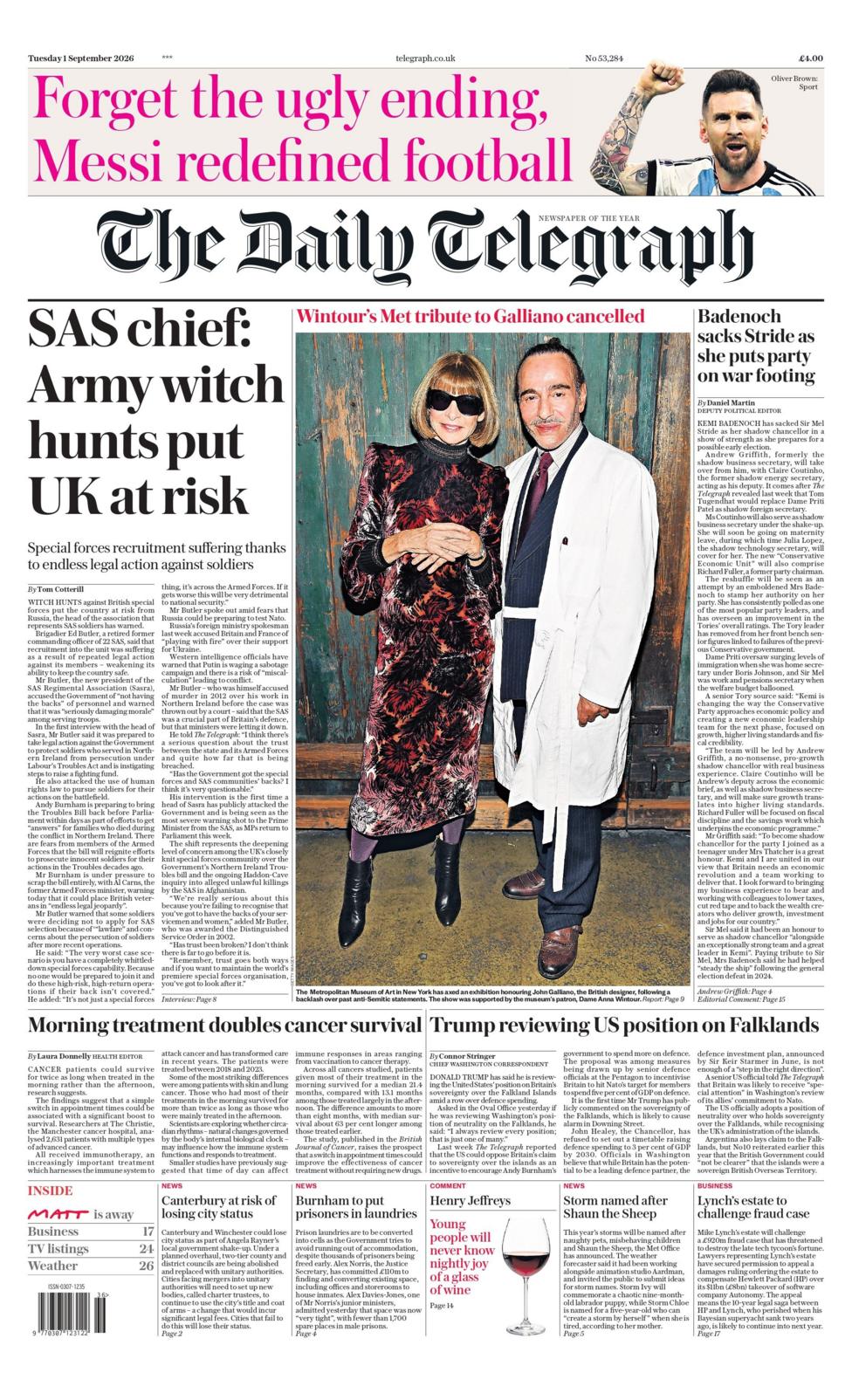 "SAS chief: Army witch hunts put UK at risk," reads the headline on the front page of the Daily Telegraph.