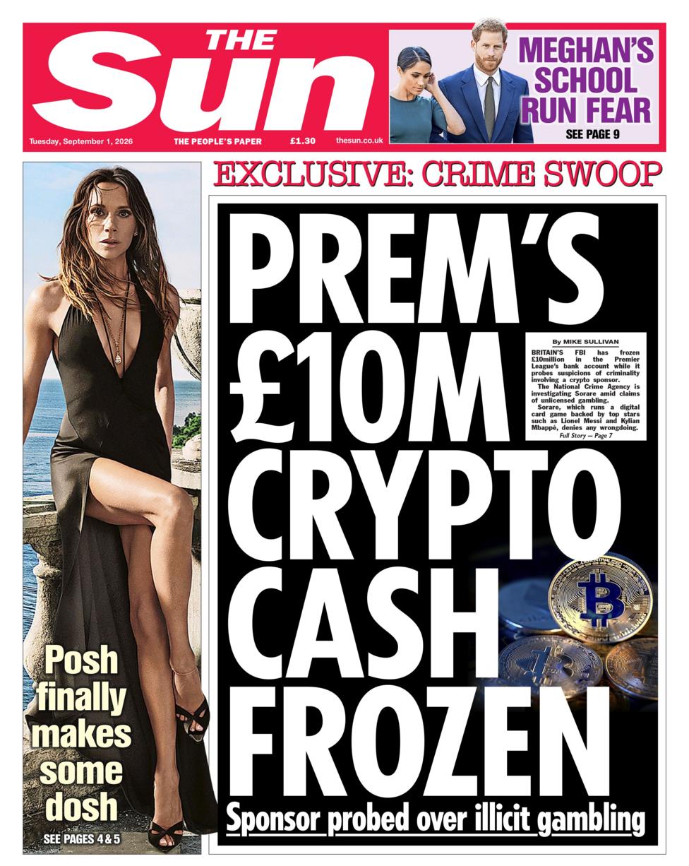 "Prem's £10m crypto cash frozen: Sponsor probed over illicit gambling," reads the headline on the front page of the Sun.