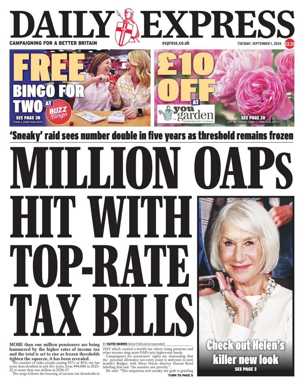 "Million OAPs hit with top-rate tax bills," reads the headline on the front page of the Daily Express.