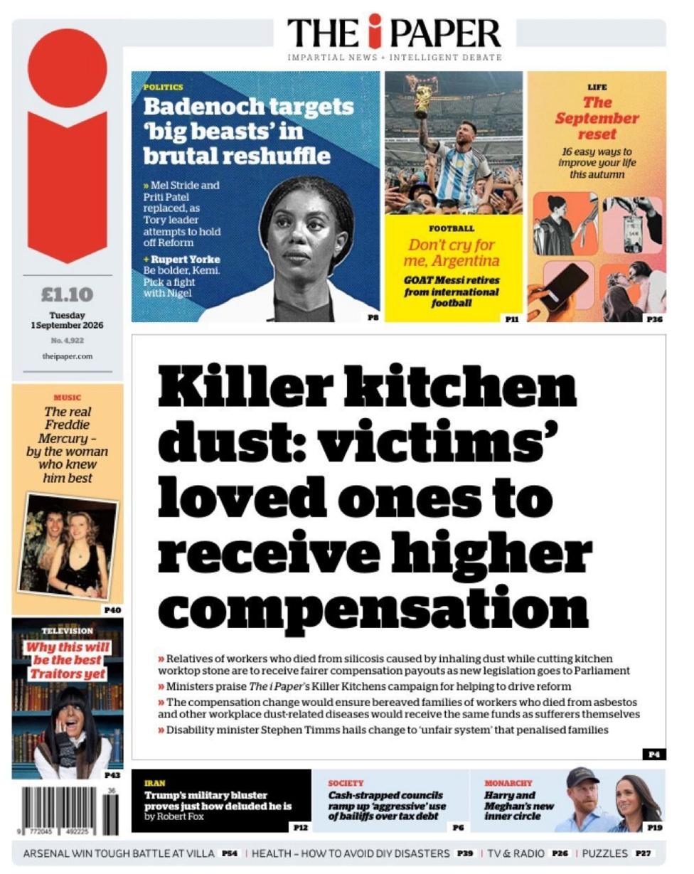 "Killer kitchen dust: victims' loved ones to receive higher compensation," reads the headline on the front page of the i Paper.