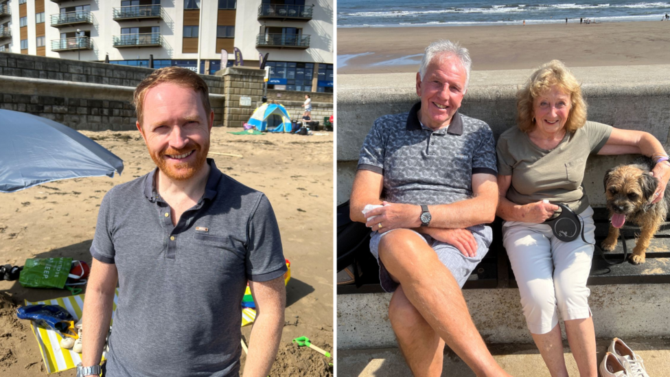This composite image shows, on the left, a man standing on the beach in Scarborough's North Bay. He is smiling, the sun is shining, and a beach umbrella is on the left of the picture. On the right are a man, a woman and a dog sitting on a bench attached to the North Bay's sea wall. They are both smiling. The dog - a border terrier - has its tongue is sticking out.
