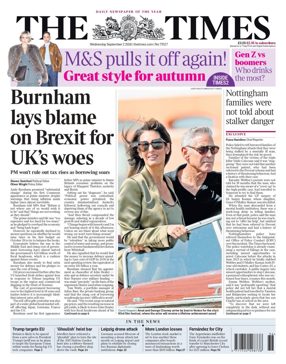 "Burnham lays blame on Brexit for UK's woes," reads the headline on the front page of the Times.