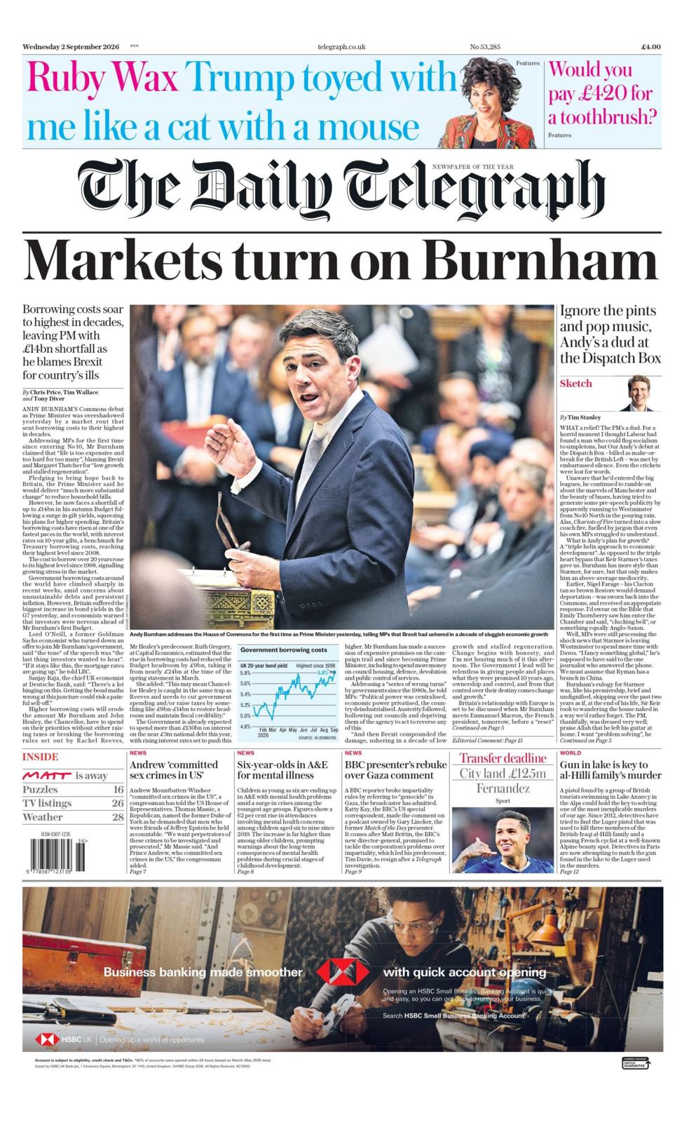 "Markets turn on Burnham," reads the headline on the front page of the Daily Telegraph.