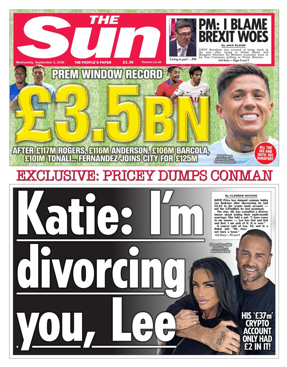 "Katie: I'm divorcing you, Lee," reads the headline on the front page of the Sun.