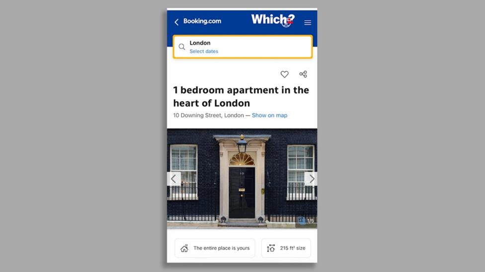 The Booking.com listing page, with a picture of the front door of Number 10 Downing Street. It is headlined: "1 bedroom apartment in the heart of London". Underneath an address of "10 Downing Street, London" is listed. Below the image are labels saying "the entire place is yours" and 215 square foot size.