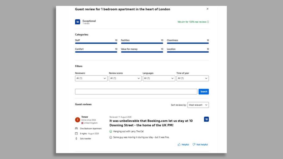 A screengrab of a review left for the fake Which? listing on Booking.com. It has been rated 10 - Exceptional, with 10/10 across Staff, Facilities, Cleanliness, Comfort, Value for money and Location categories. A review posted on 11 August 2026 by a user called Trevor says "It was unbelievable that Booking.com let us stay at 10 Downing Street - the home of the UK PM". Beneath it, besides a smiley face emoji, it identifies an upside as "Hanging out with Larry the Cat". Below that, next to a sad face emoji, it reads "Some guy was moving in during our stay - but it was fine".